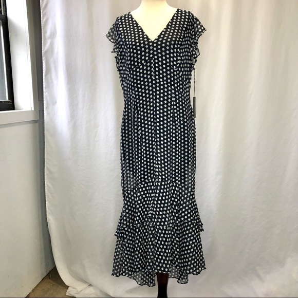 NWT Tommy Hilfiger navy white polka dot ruffled tiered crinkle chiffon dress 12 - Picture 1 of 11